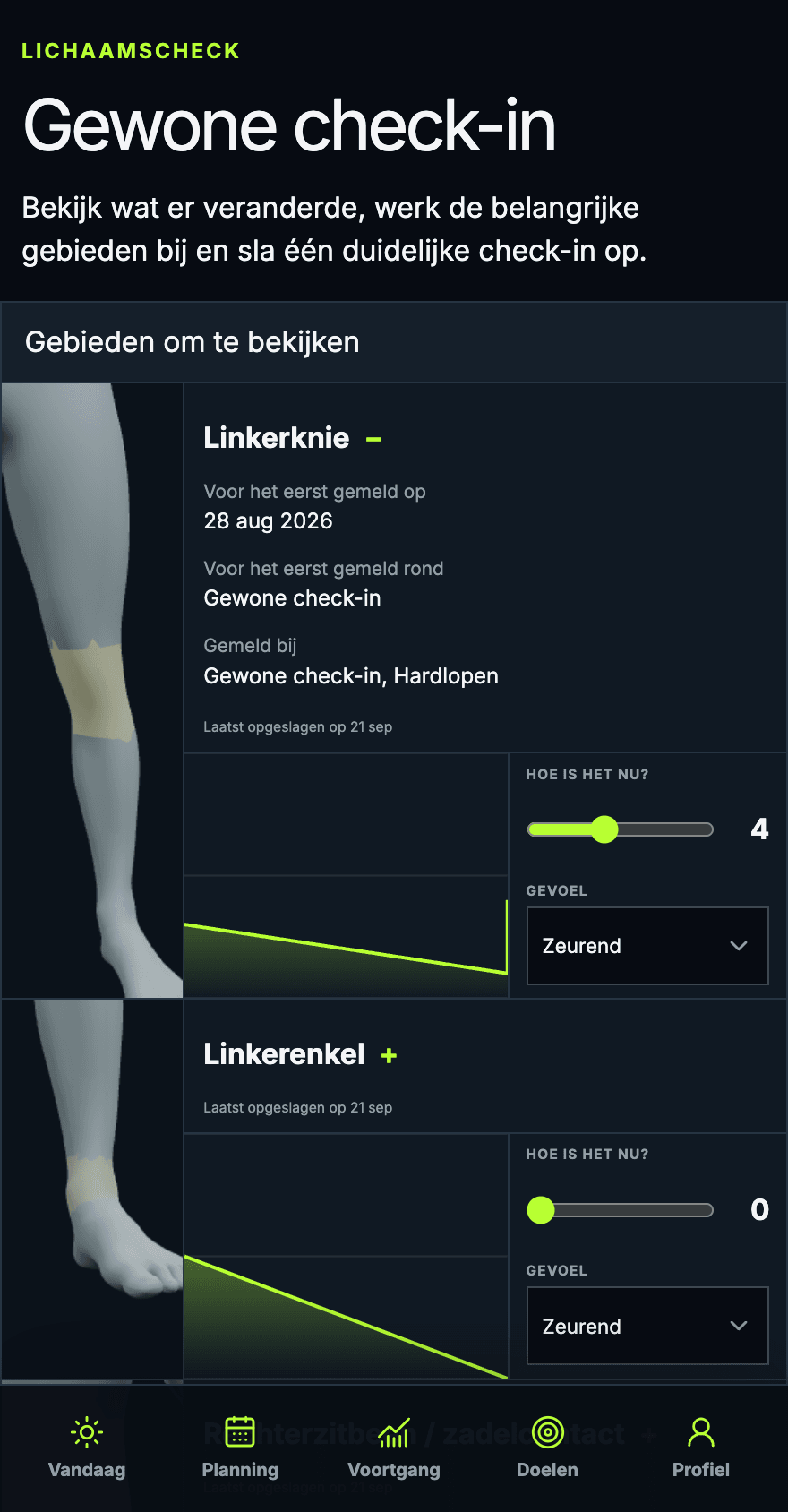 De huidige Body Check met lichaamsgebieden, eerdere waarnemingen en bediening voor de intensiteit.