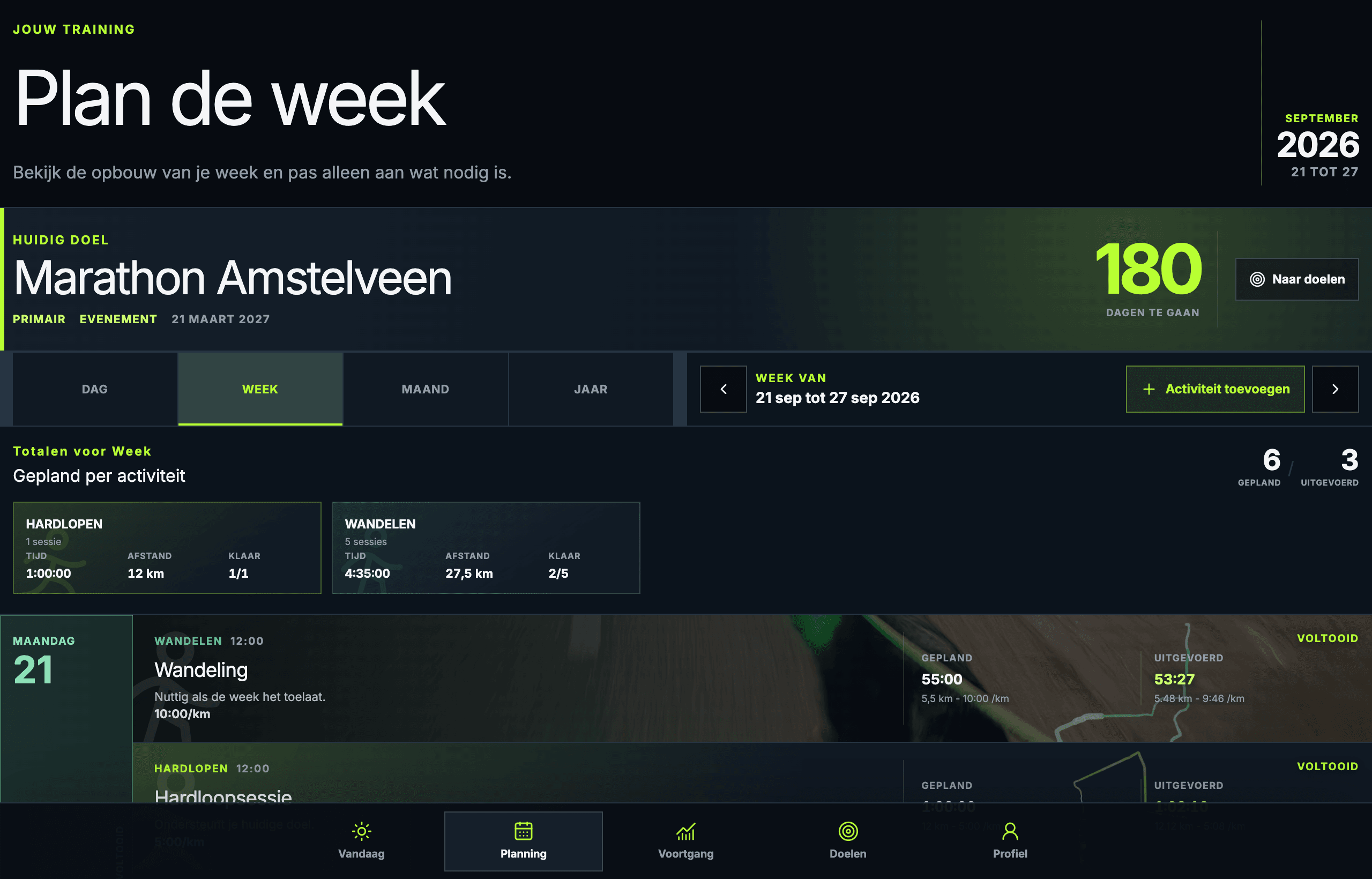 De echte Pitwall-weekplanner met een evenementaftelling, weektotalen per sport en afgeronde sessies.